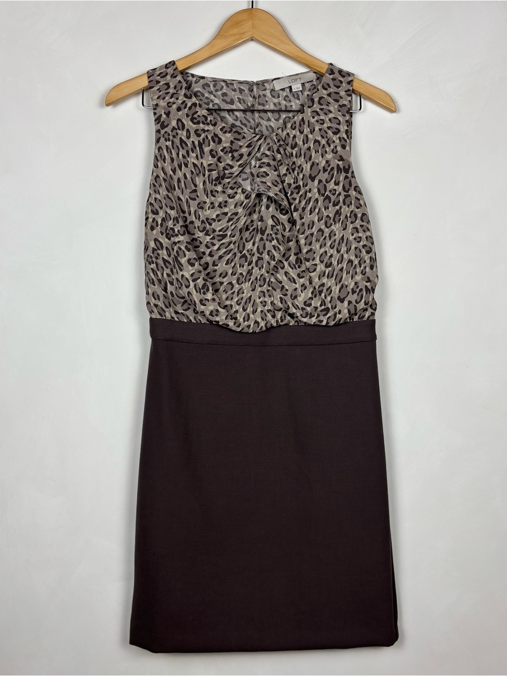 LOFT Women's Animal Print Dress Blouson Split Back Brown Sz 4 Career Office